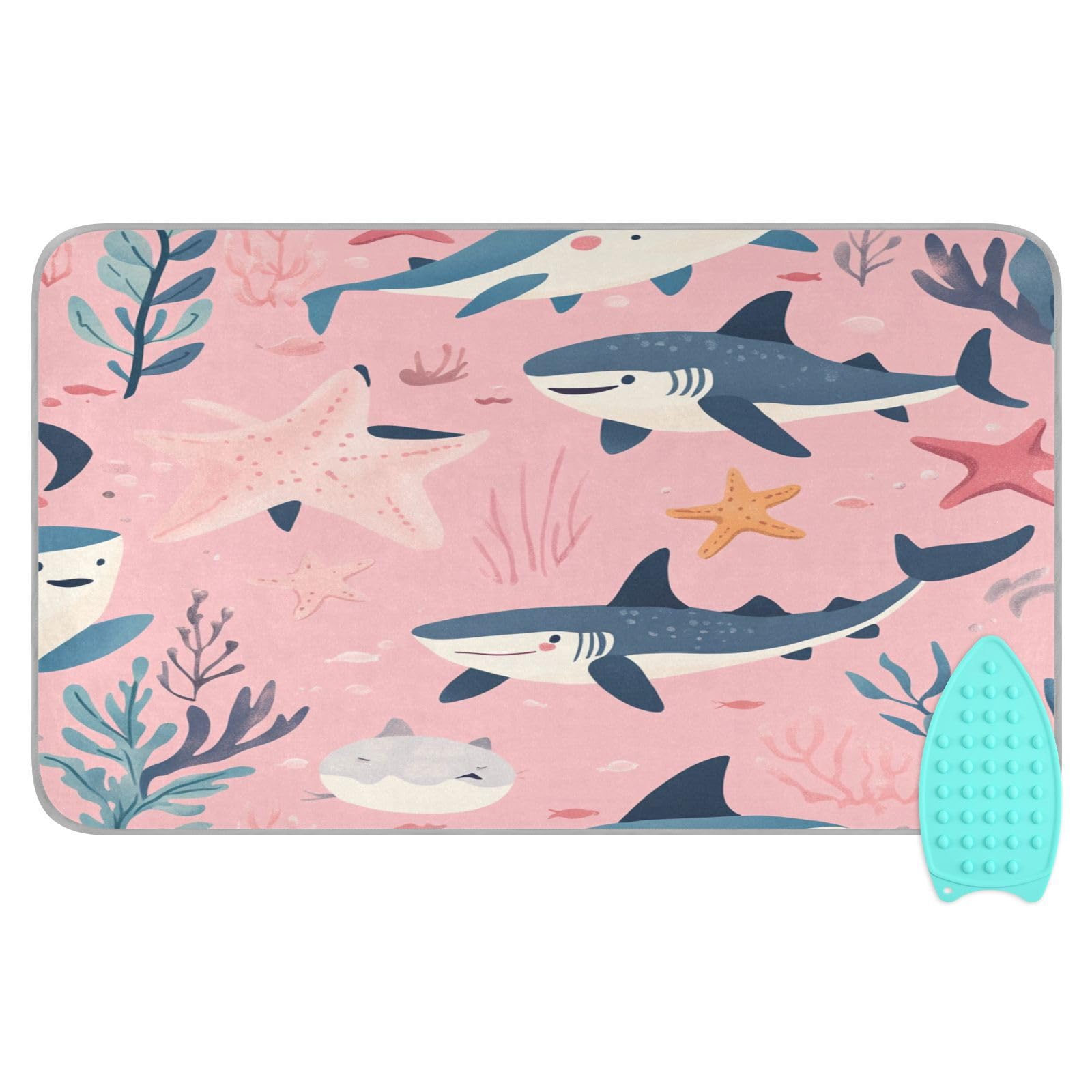 Pink Sharks Starfish and Seaweeds Ironing Mat Thickened Ironing Blanket Travel Portable Double