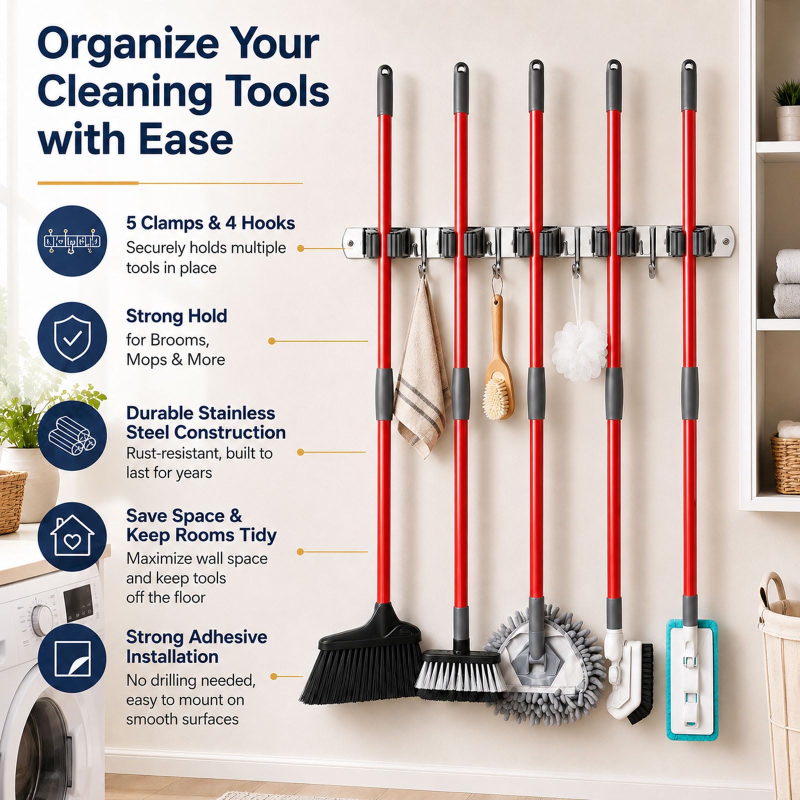 5 Racks and 4 Hooks Mop and Broom Holder Wall Mount