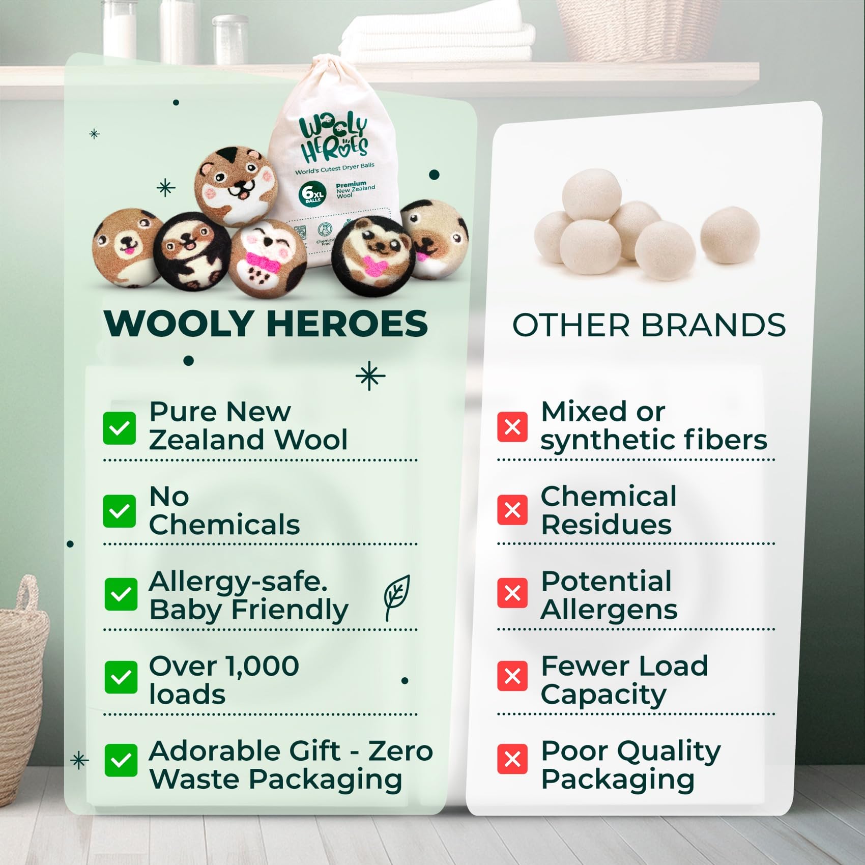 Chemical Free & Baby Safe! Reusable Wool Dryer Balls XL 6 (6 Count)