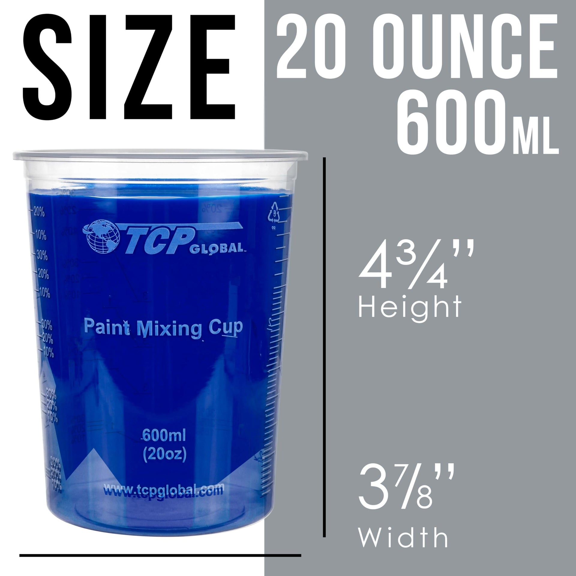 20 oz. (600ml) Graduated Plastic Mixing Cups - Box of 50 with 50 Mixing Sticks - Disposable Plastic Measuring Cups for Liquids, Paints, Resin, Epoxy, Art, Kitchen - Ratios 2-1, 3-1, 4-1 ML