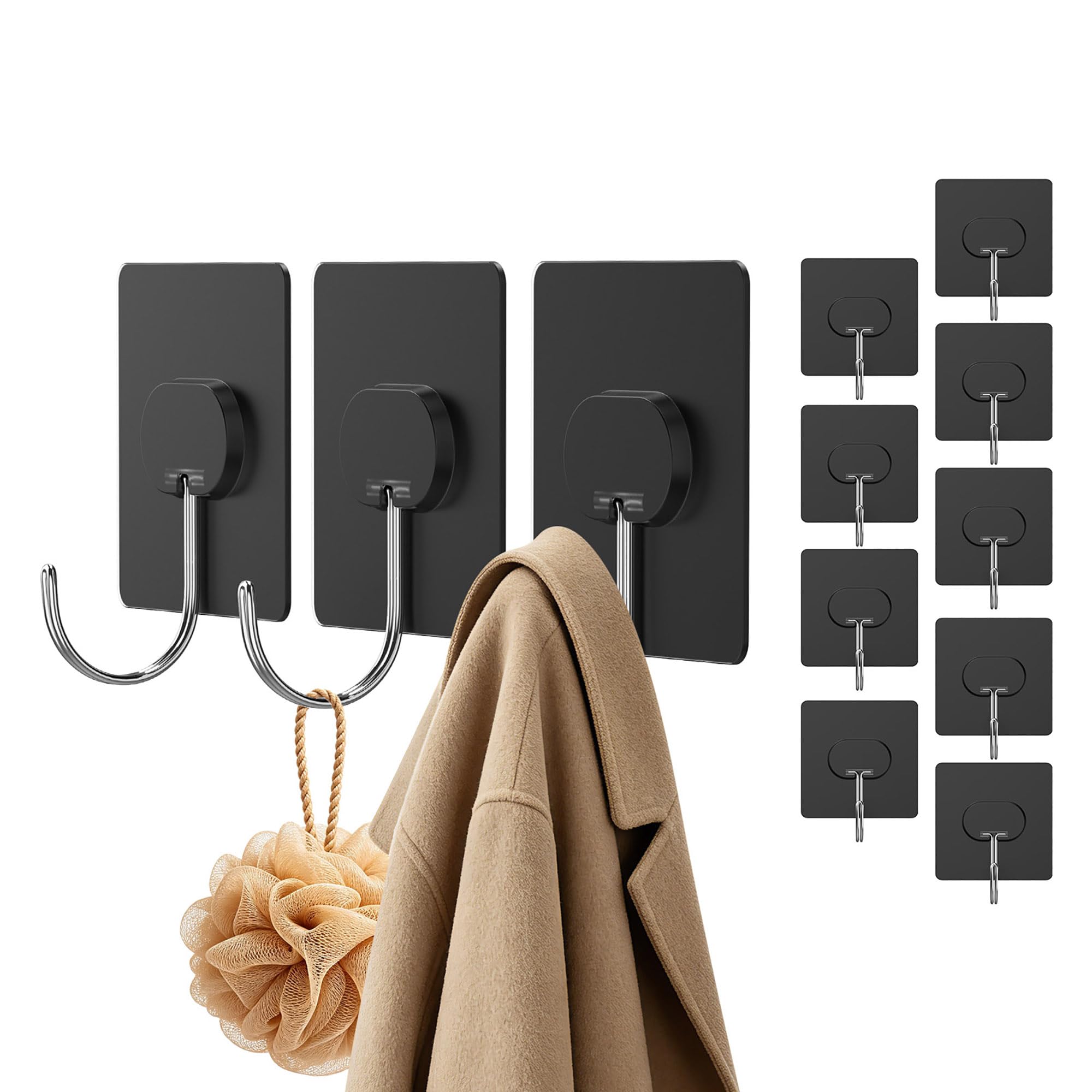 Adhesive Wall Hooks No Drill Large Black Heavy Duty (12 Count)