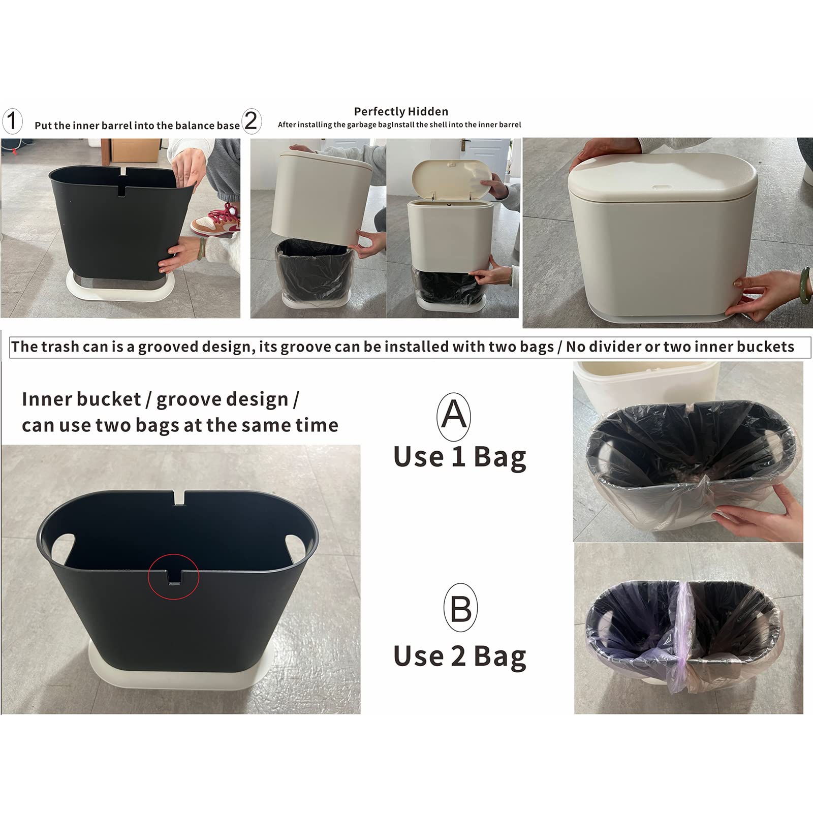 White Slim Bathroom Trash Can with Press Top Lid