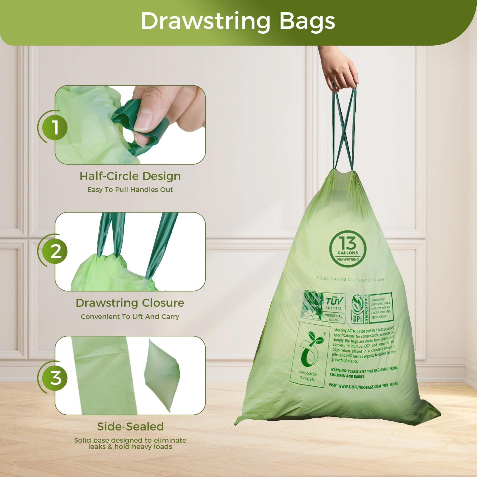 13 Gallon Compostable Trash Bags with Drawstring (30 Count)