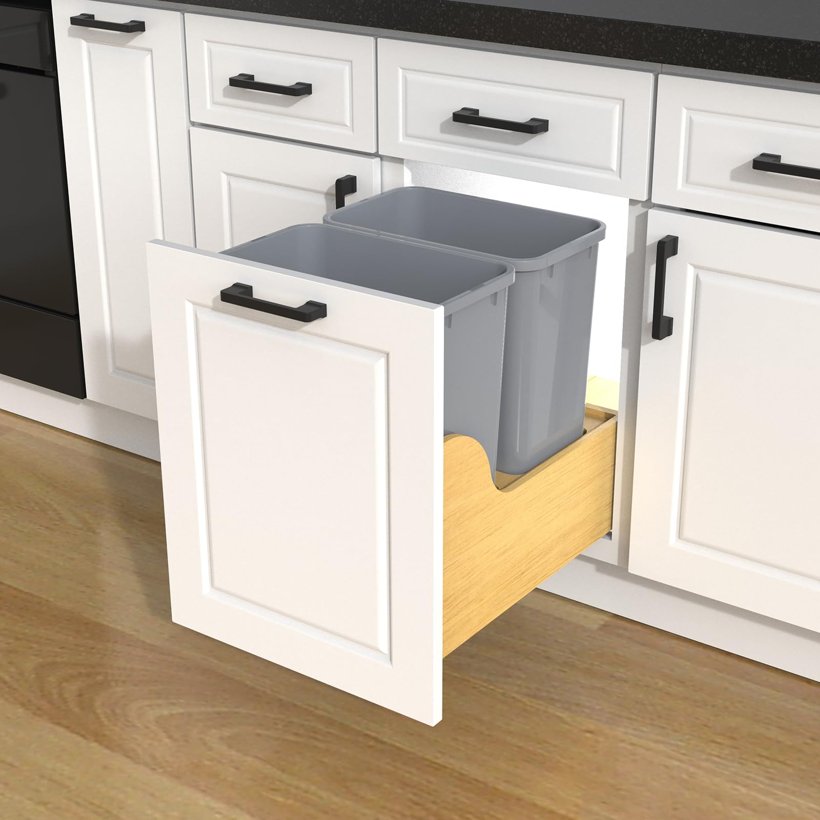 Double 35 Quart Pullout Under Cabinet Trash Cans Solid Wood Bottom