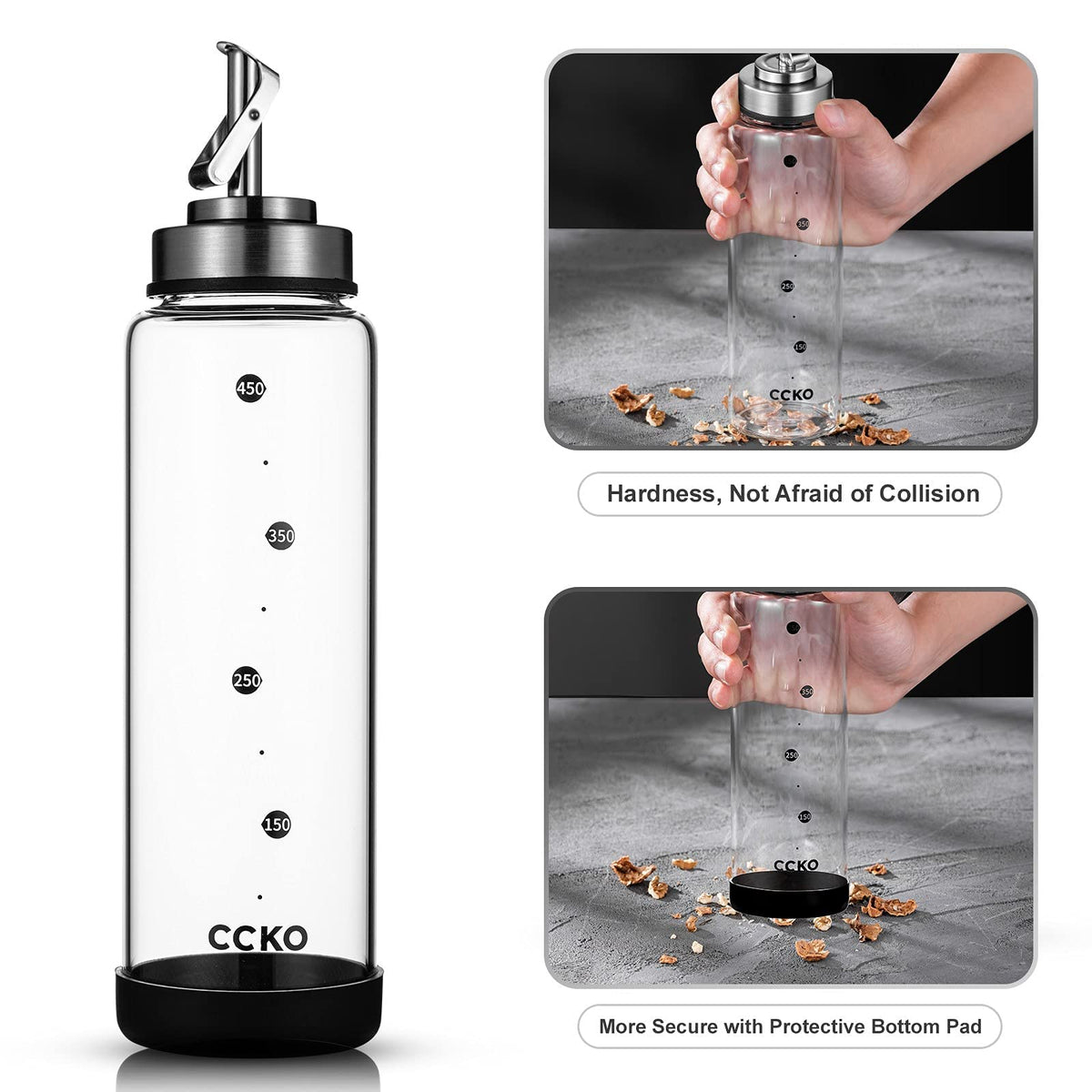 Glass Olive Oil Dispenser Bottle with Stainless Steel Spouts Shatterproof Glass Olive Oil Bottle 350ml Cooking Oil and Vinegar Cruet Bottle Container Carafe for Kitchen