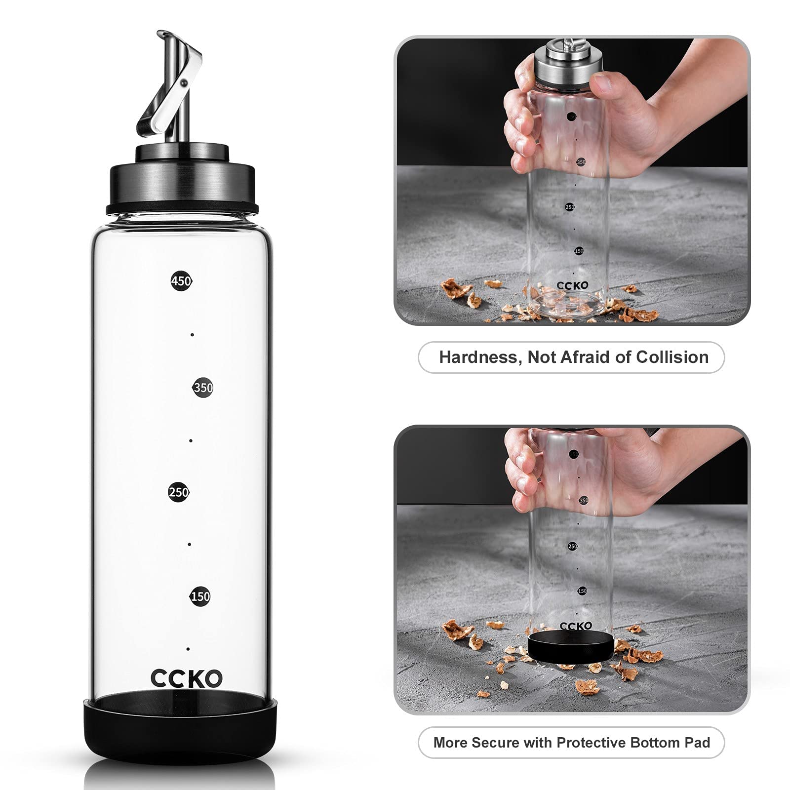 Glass Olive Oil Dispenser Bottle with Stainless Steel Spouts Shatterproof Glass Olive Oil Bottle 350ml Cooking Oil and Vinegar Cruet Bottle Container Carafe for Kitchen