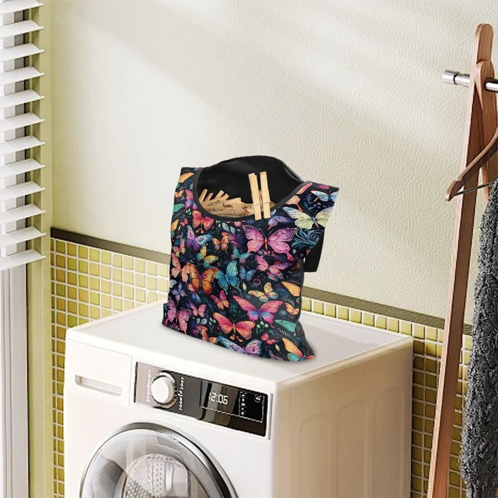 Colorful Butterfly Clothespin Bag with Hanging Hook Summer Laundry Clothes Pin Holder Waterproof Clothes Pin Hanging Bag Clothespin Storage Organizer with Large Opening
