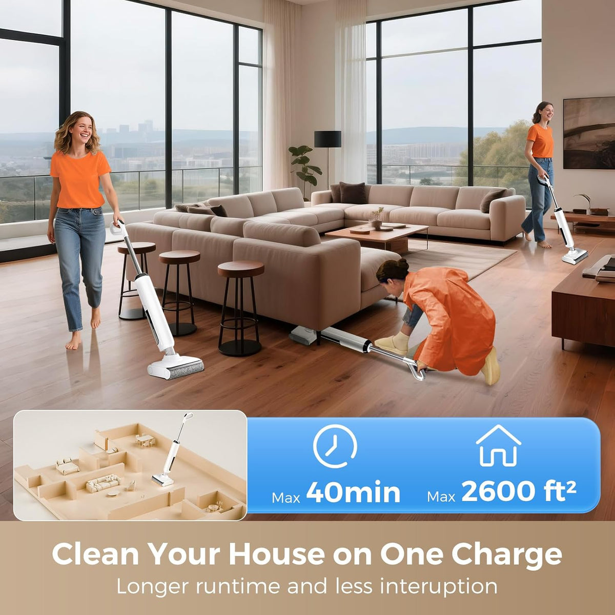 Wet Dry Vacuum Cleaner, 180°Lie-Flat Vacuum Mop All in One with Auto Self-Cleaning, Smart Floor Cleaner Machine for Hard Floor, 35 Mins Runtime, Edge Cleaning, Self-Propelled Vacuum Mop Combo - ModHome Supplies