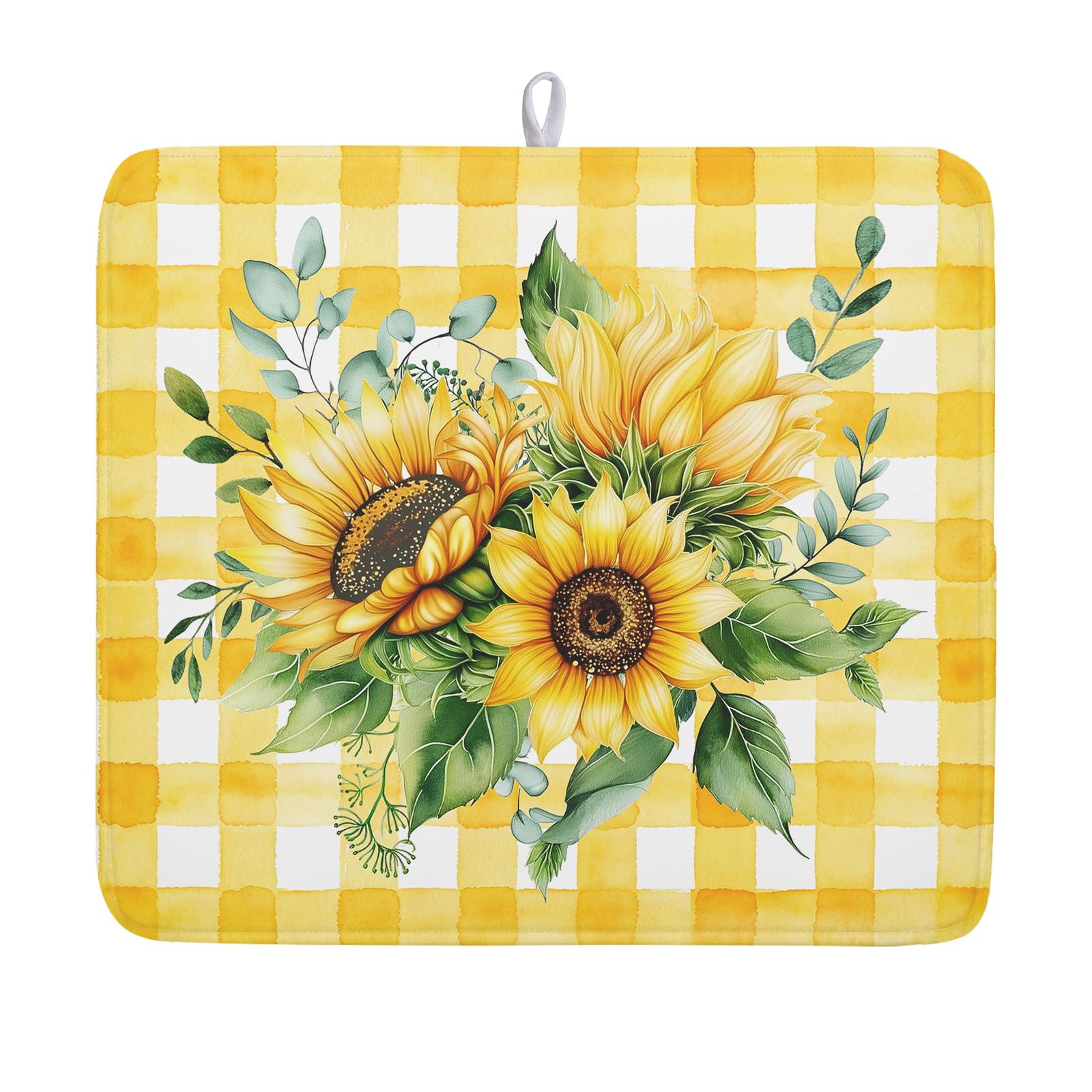 Sunflower Dish Drying Mat 16x18 Inch Absorbent Reversible Summer Sunflower Drying Mat Summer Plaid Dish Drying Rack Mat Yellow Summer Themed Dish Drainer Mat for Kitchen Counter Coffee Bar