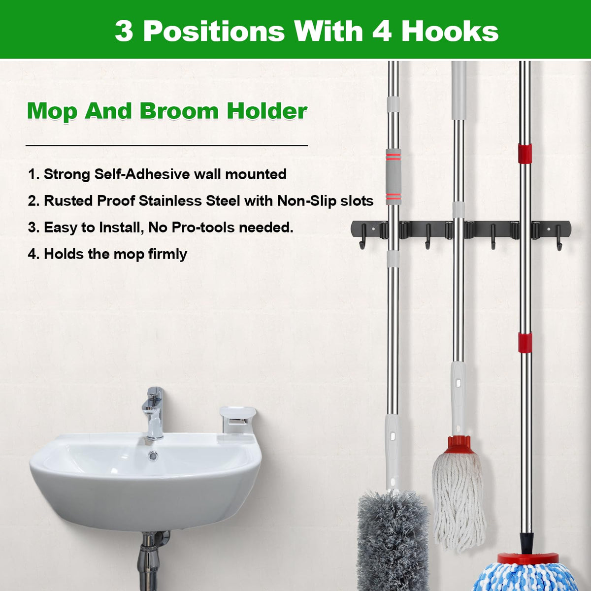 3 Racks and 4 Hooks Mop and Broom Holder Wall Mount