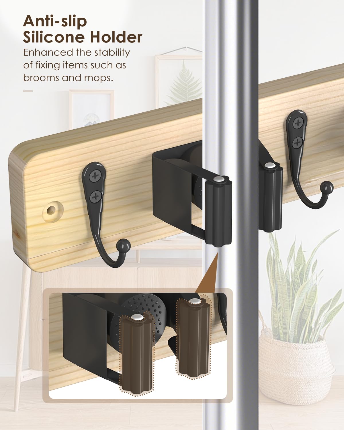 Light Wood Broom Holder Wall Mount