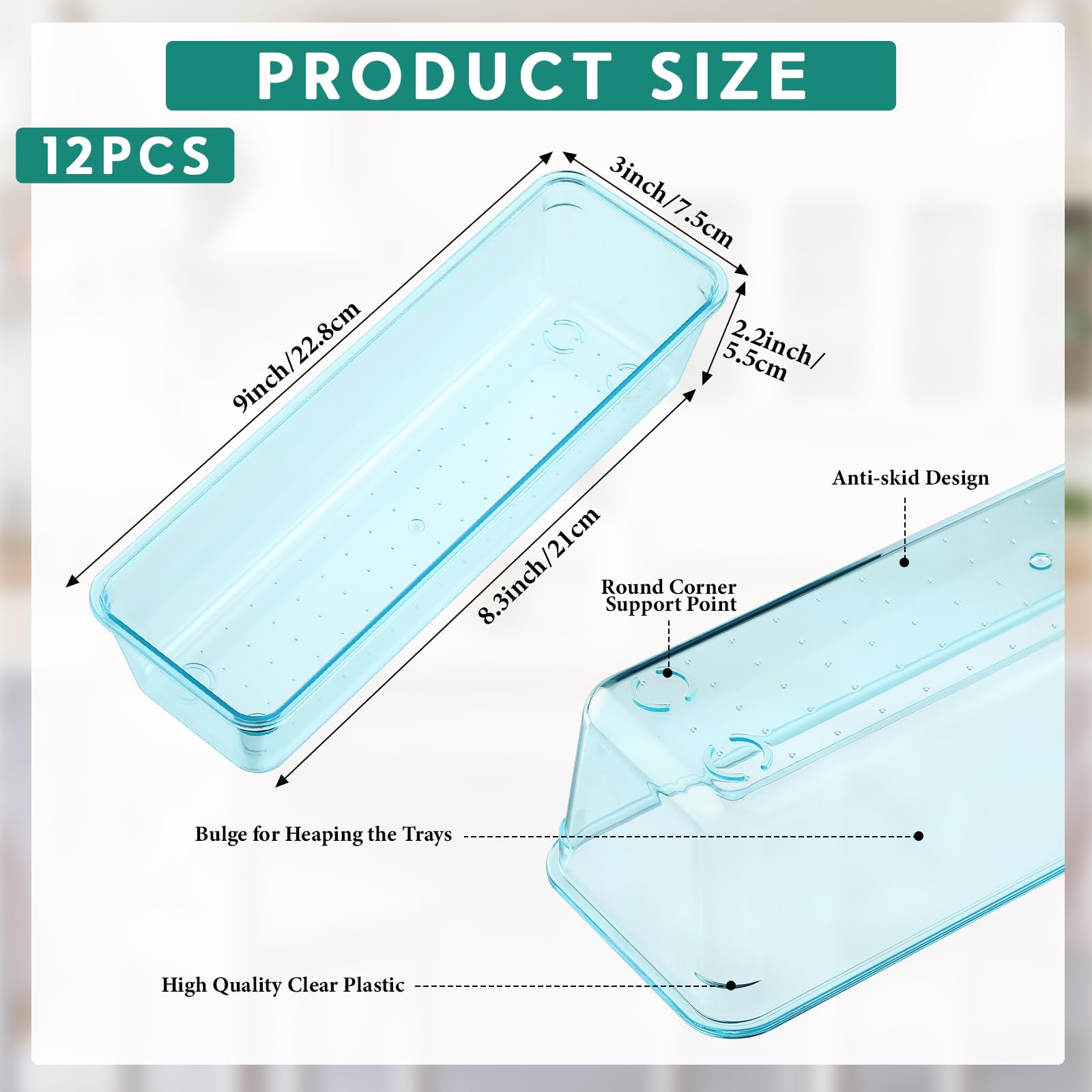 12 Pcs Clear Drawer Organizer 9 x 3 x 2 Inches Plastic Rectangle Trays Makeup Vanity Storage Bins and Kitchen Drawers Dividers for Office Desk Silverware Kitchen Utensils (12 Count)