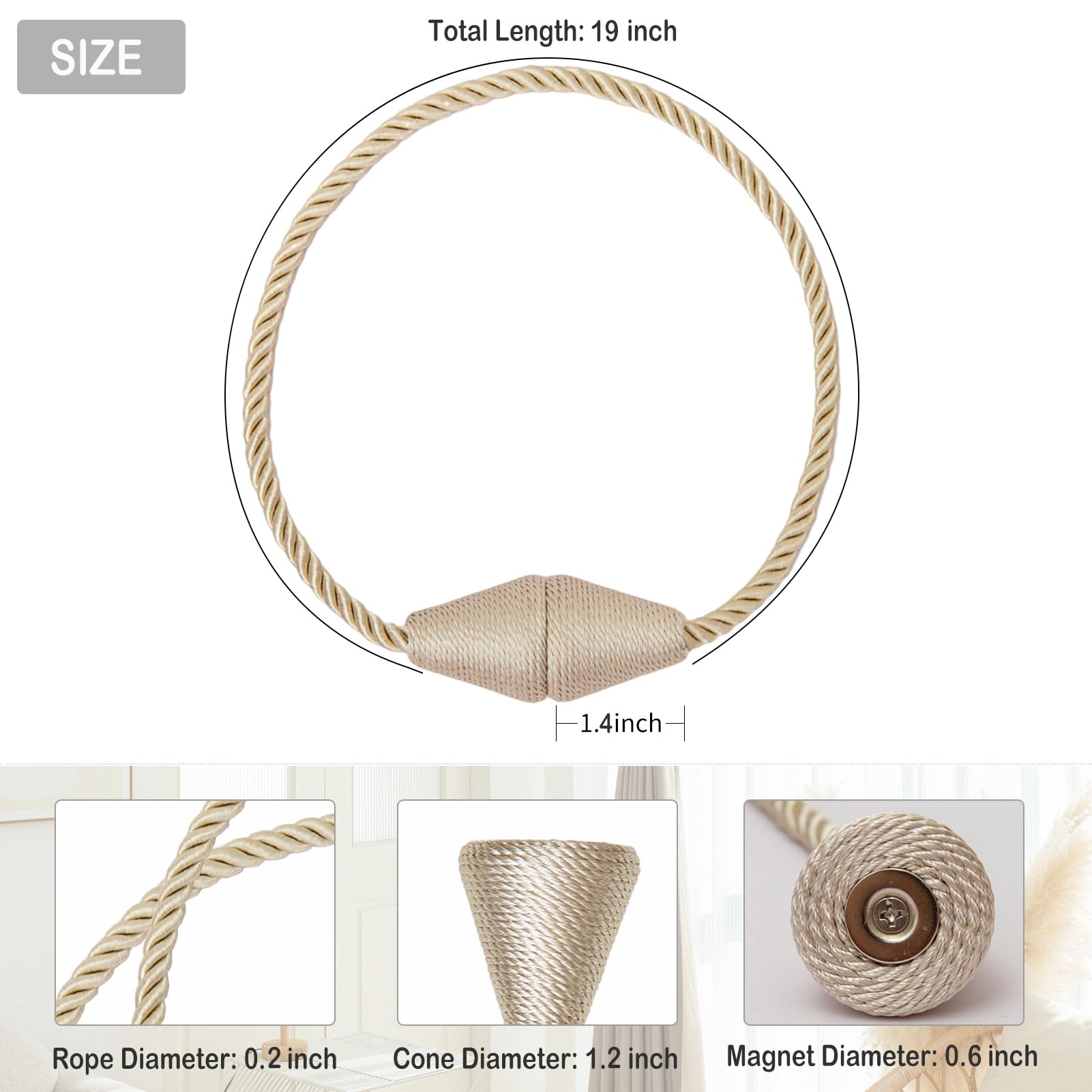 Magnetic Curtain Tiebacks 6 Pack Outdoor Rope Curtain Tie Backs Decorative Window Treatment Holdbacks for Home Decorative Curtain (6 Count)