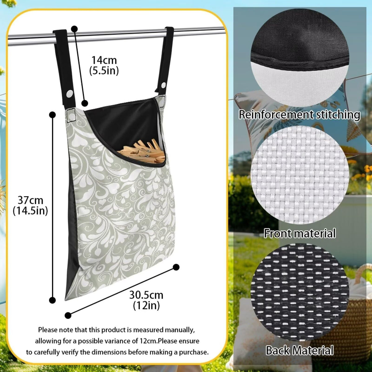 Large Clothespin Storage Bag 14.5"x12" with Oversized Opening