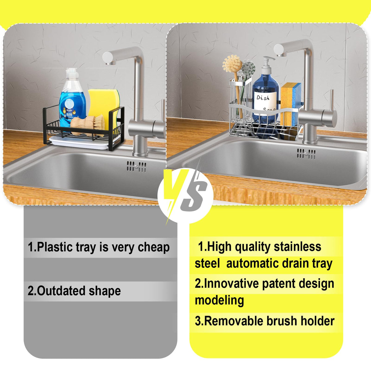 Maifan Sink Caddy Sponge Holder for Kitchen with Brush Holder and Stainless Steel Self Drain Tray
