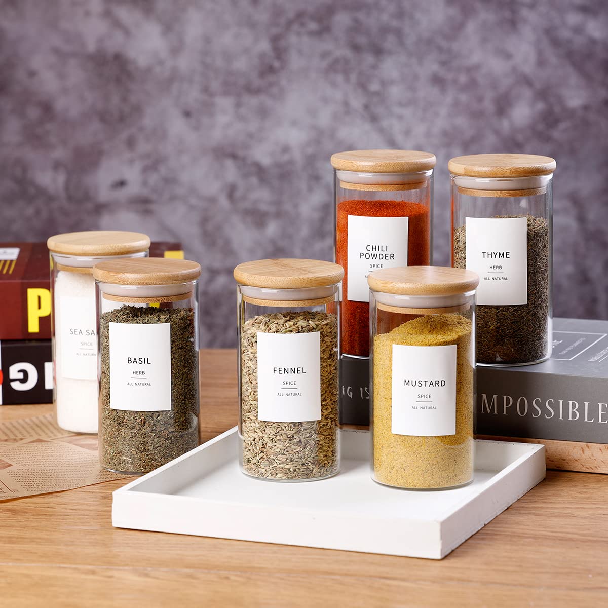 12 Pcs Glass Spice Jars With Bamboo Airtight Lids