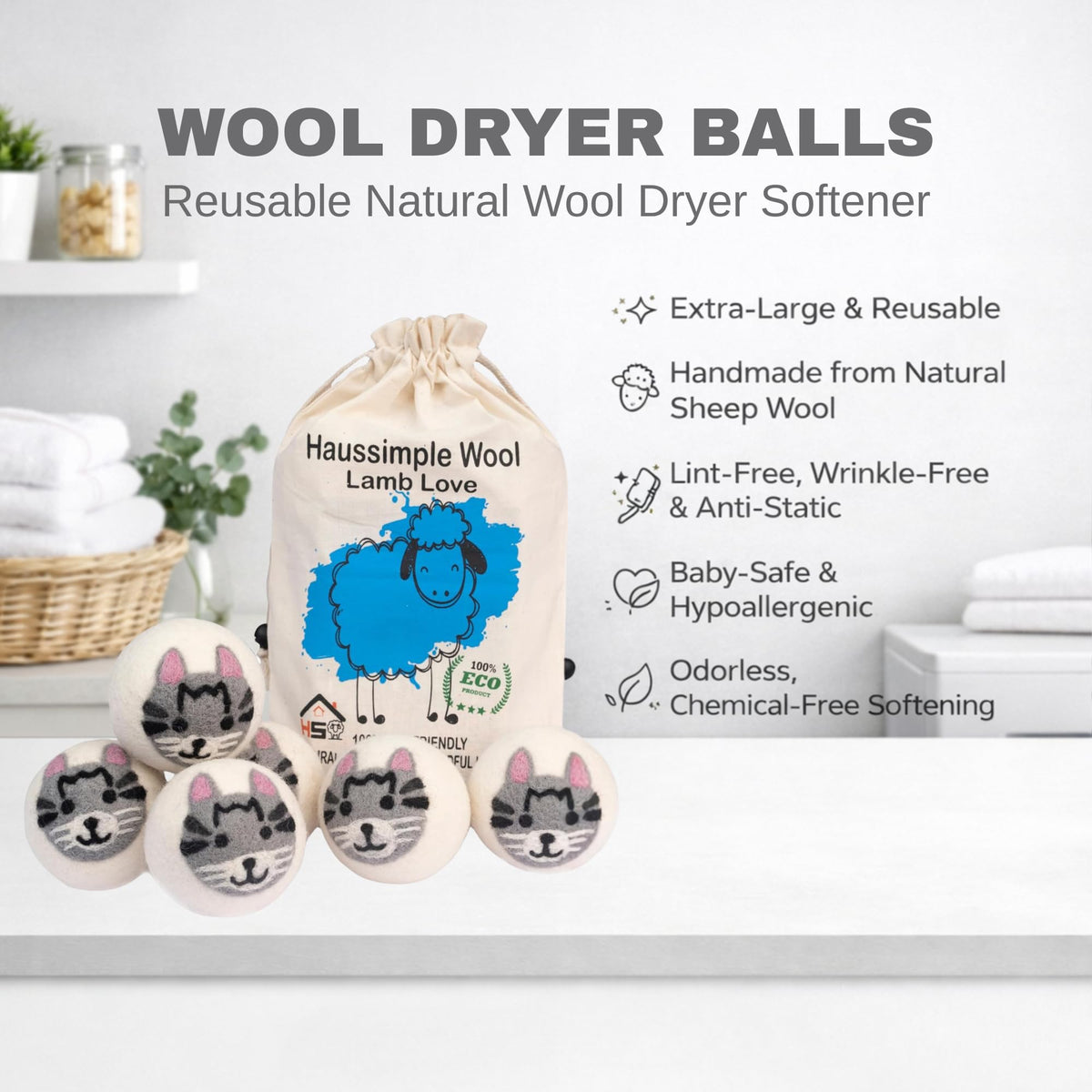 Wool Dryer Balls Organic Felt 6 Pack Laundry Fabric Softener (6 Count)