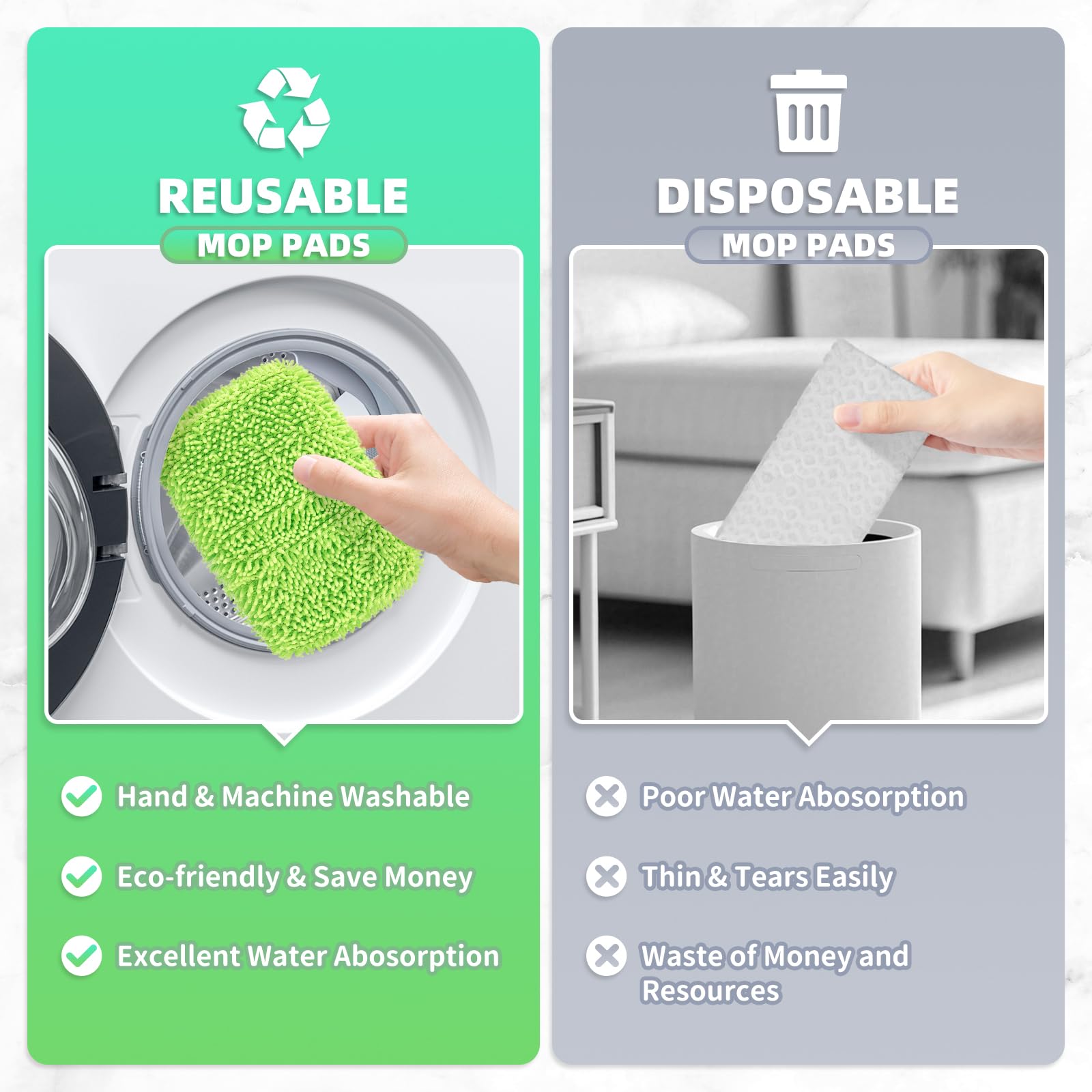 8 Pack Green Reusable Chenille Mop Pads Fit for Swiffer Sweeper (8 Count)