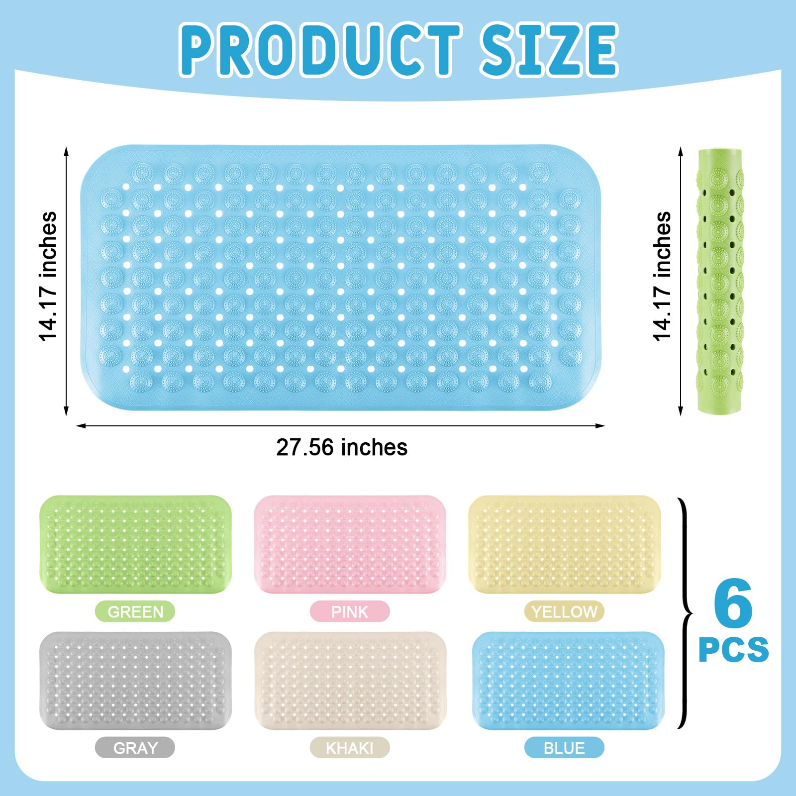 6 Pcs Non Slip Bath Mats 27.6x14.2 Inches TPE Bathtub Mats with Suction Cups Drain Holes Textured Surface Anti Slip Shower Pad for Bathroom Tub Adults Elderly Home Hotel (6 Count)