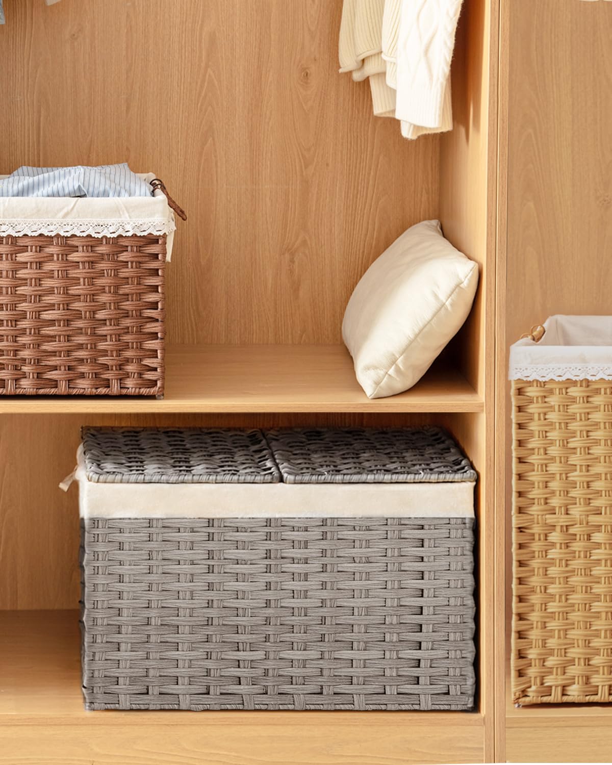 Storage Basket with Lid Wicker Baskets for Storage