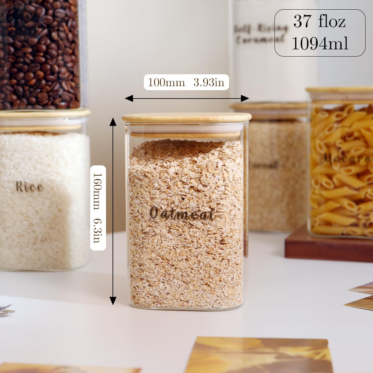 6 Pcs Square Glass Pantry Storage Containers with Bamboo Airtight Lid and 248 Clear Pantry Labels Preprinted