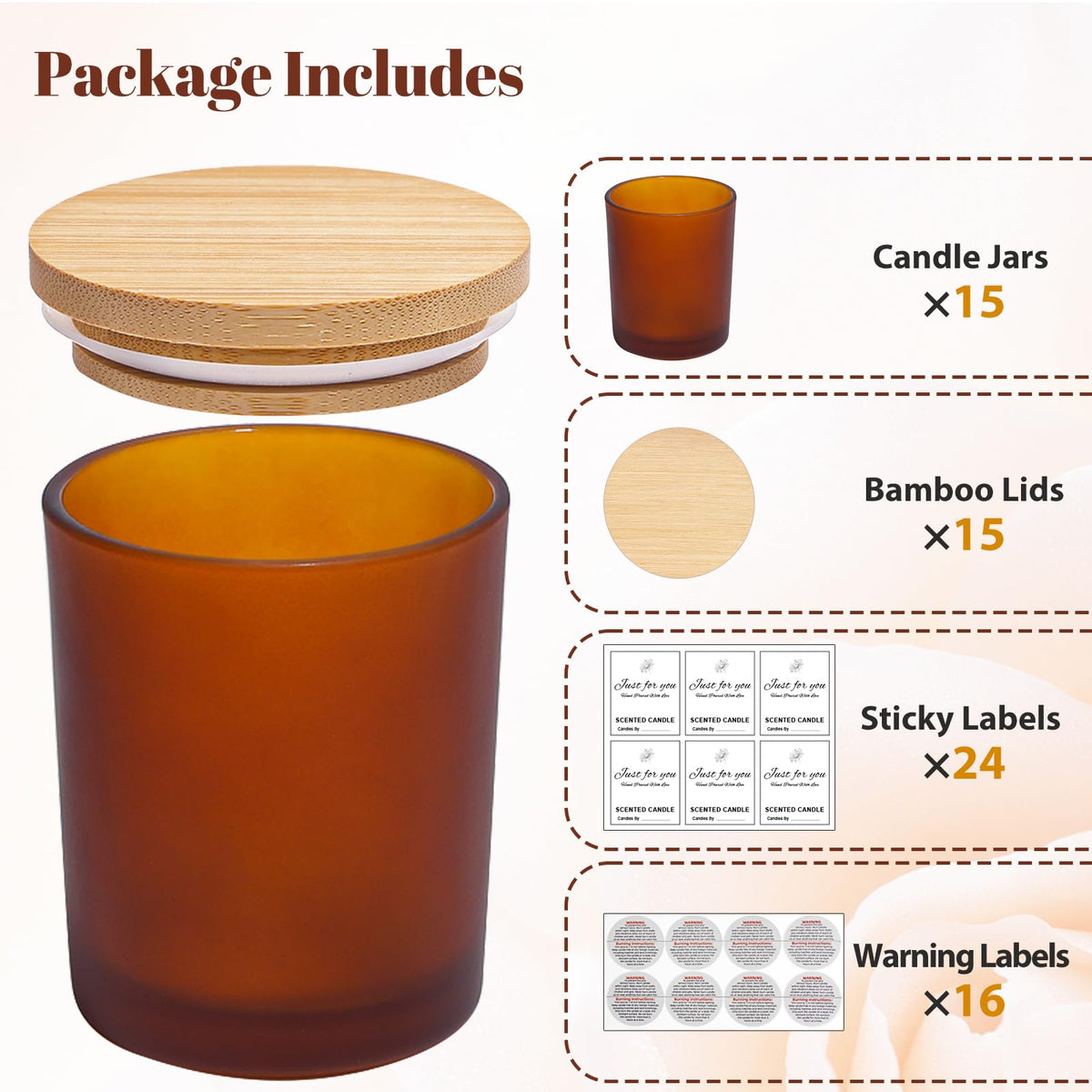 15 Pack 7oz Fall Amber Candle Jars with Bamboo Lids (15 Count)