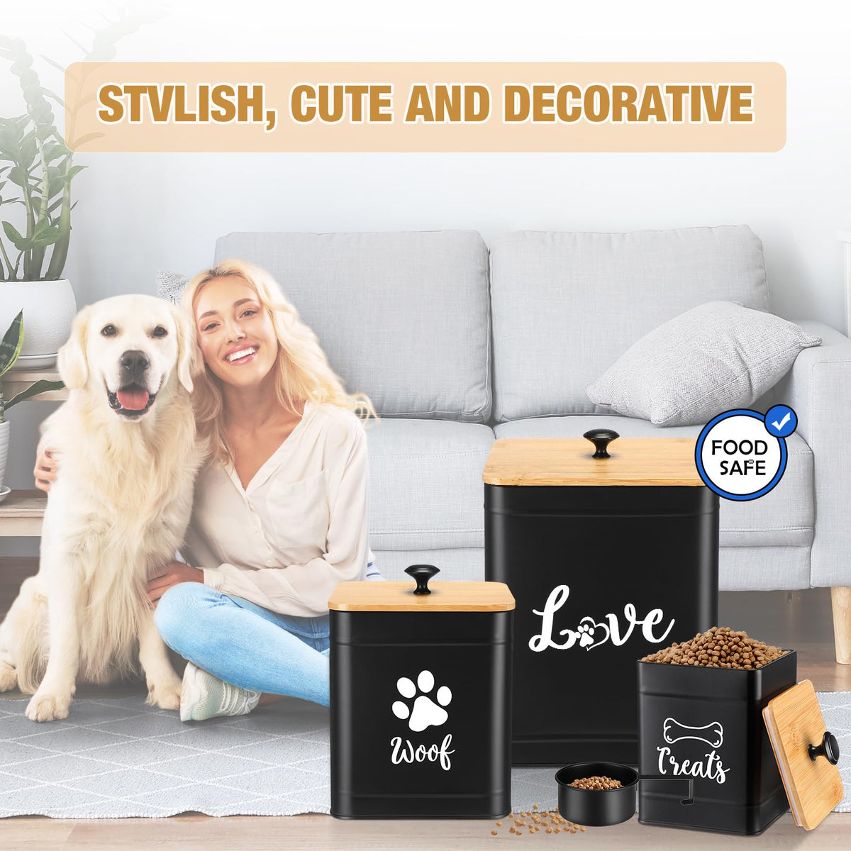 Metal Dog Treat Containers Set of 3 with Bamboo Lids and Spoon Airtight 7+3+2 lbs Dog Food Snack Jars with DIY Labels Big Pet Cookie Storage Jar for Kitchen Counter (3 Count)