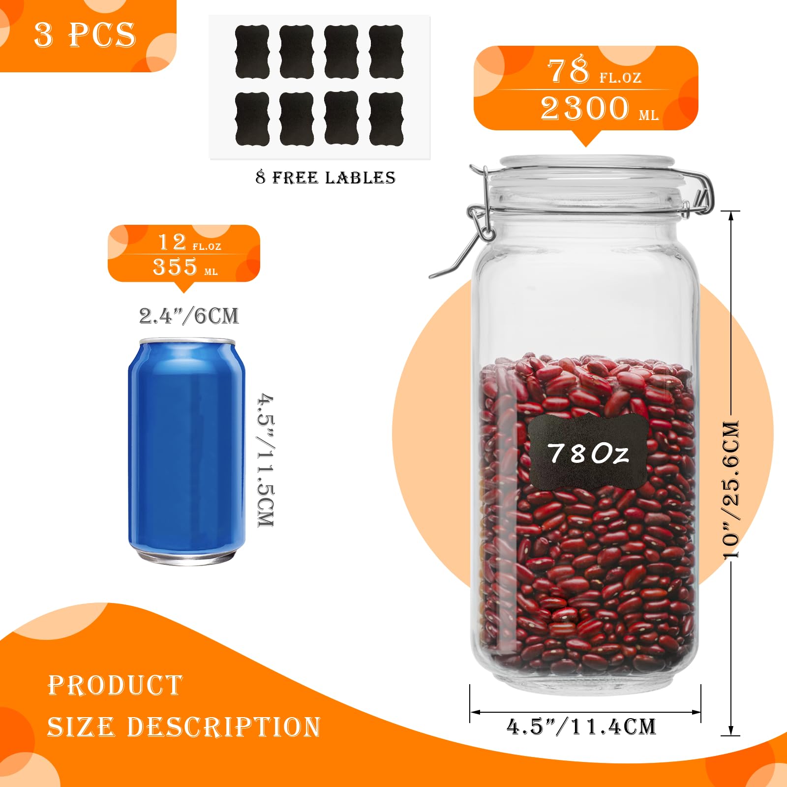 Large Glass Storage Containers with Airtight Lids 78oz 3 Pack (3 Count)