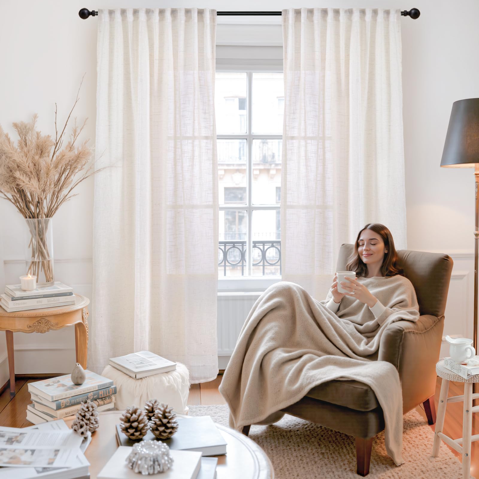 Natural Linen Curtains 90 Inches Long for Living Room (2 Count)