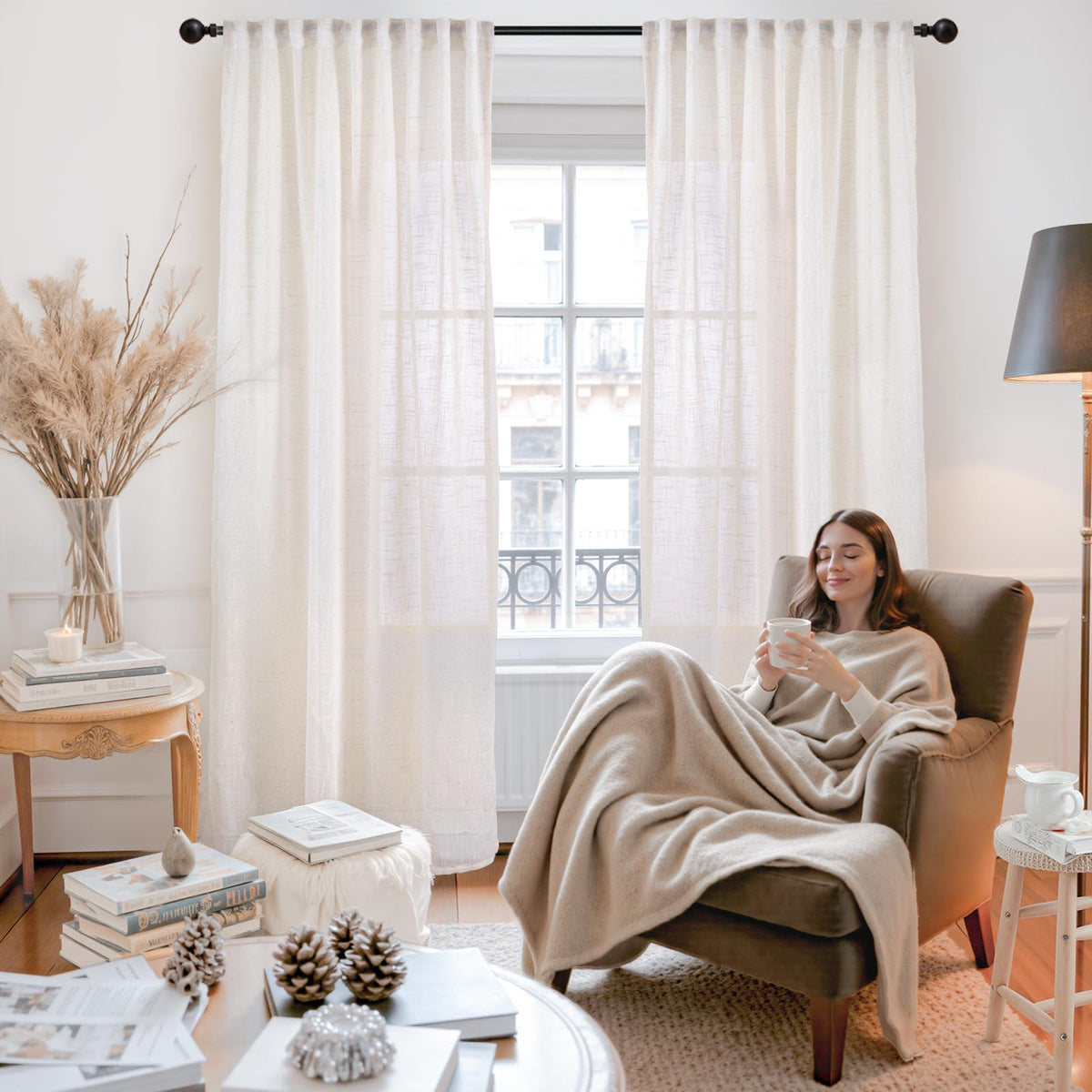 Natural Linen Curtains 80 Inches Long for Living Room (2 Count)