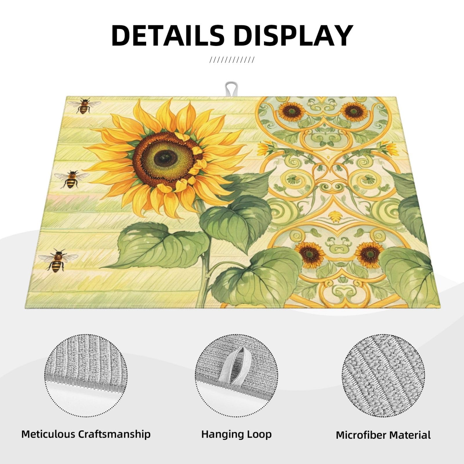 Sunflower Bee Dish Drying Mat Highly Absorbent Double