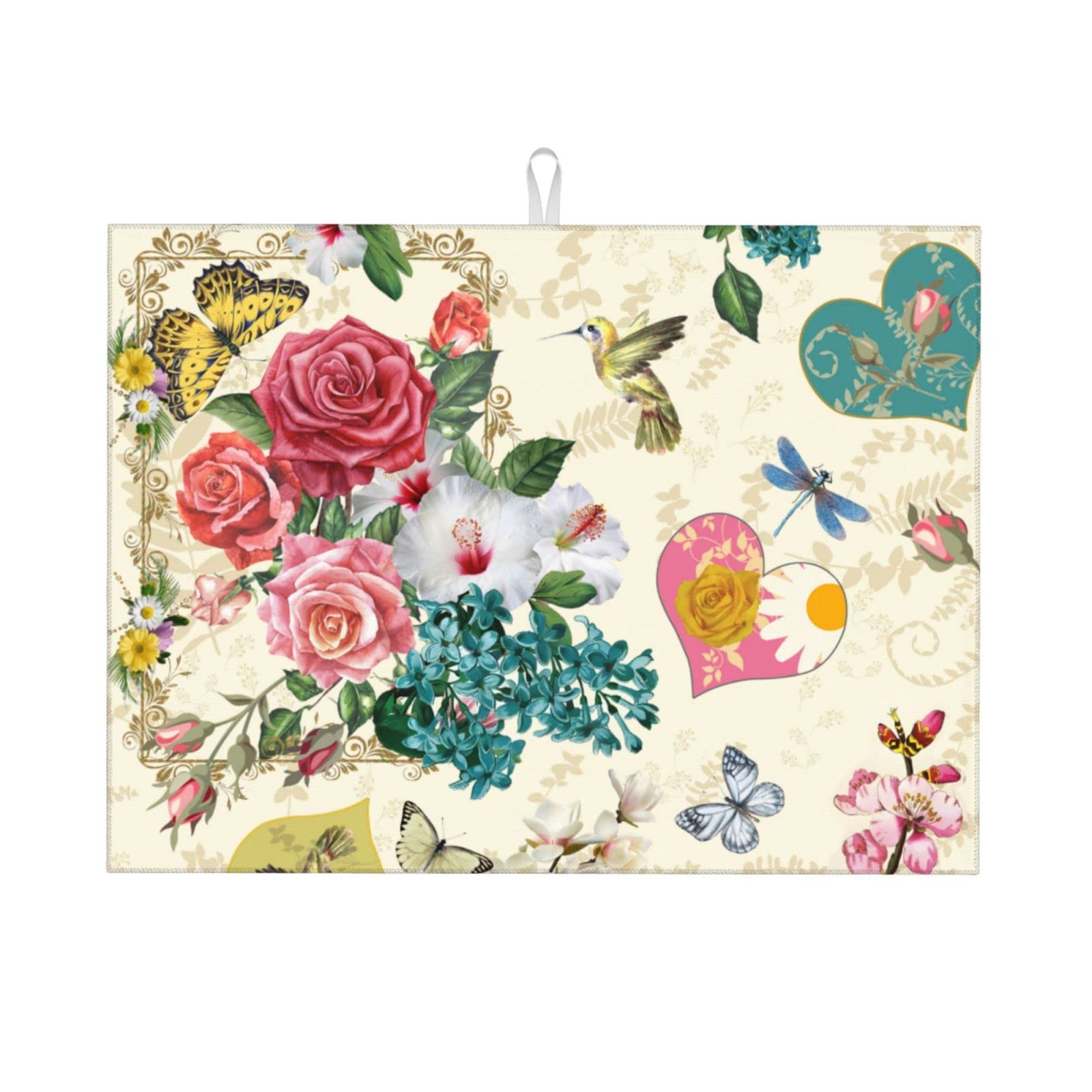 Beautiful Boho Flowers Dish Drying Mat For Kitchen Counter 18 X 24 Inch Absorbent Reversible Drainer