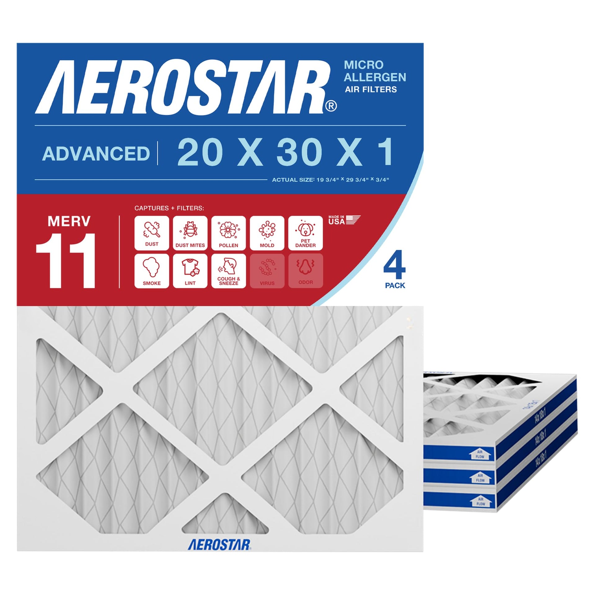 Air Filter 20x30x1 MERV 11 AC Filter (4 Count)
