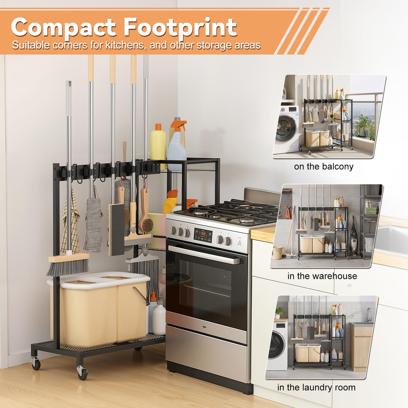 Broom Holder with Cleaning Supplies Organizer