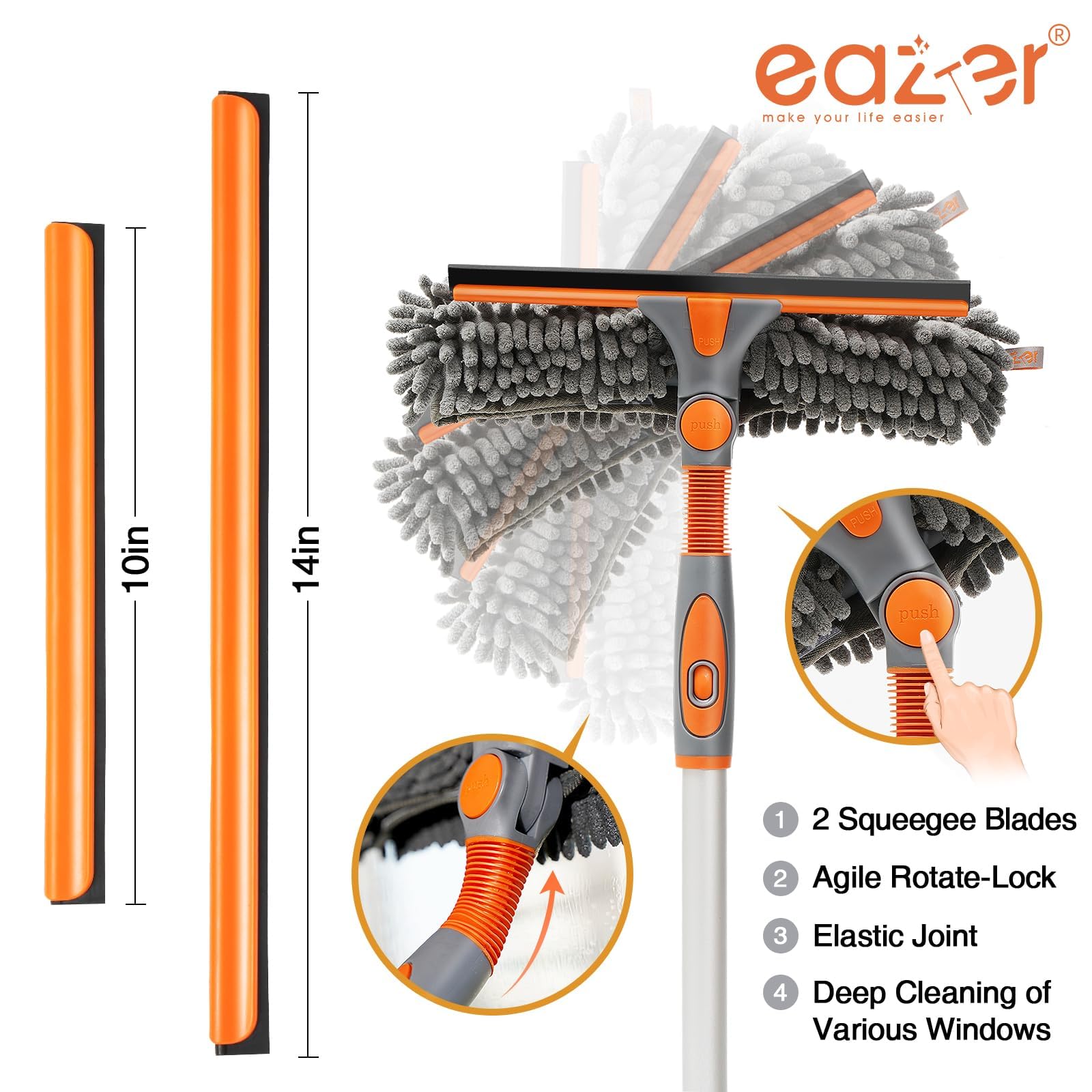 65'' Squeegee Window Cleaner 2 in 1 Rotatable Window Cleaning Tool Kit with Telescopic Pole