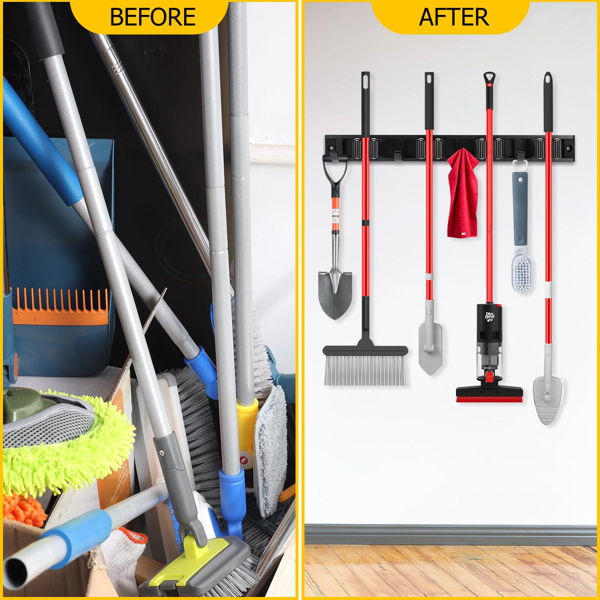 2 Pack Wall Mount Broom Holder with Sliding 3 & 4 Racks 4 Hooks