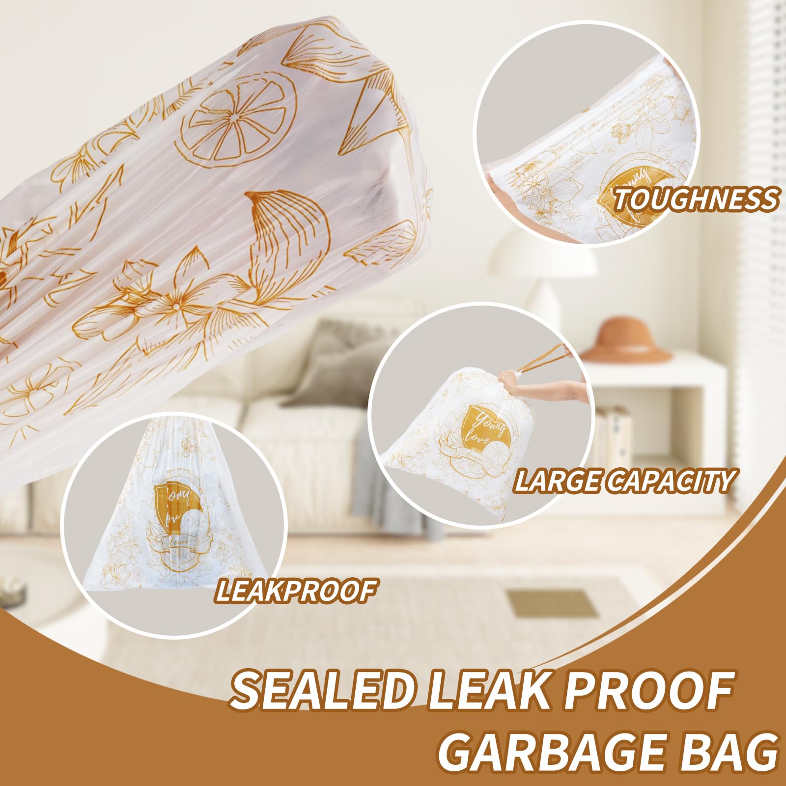 13 Gallon Trash Bags with Lemon Print & Drawstring (50 Count)