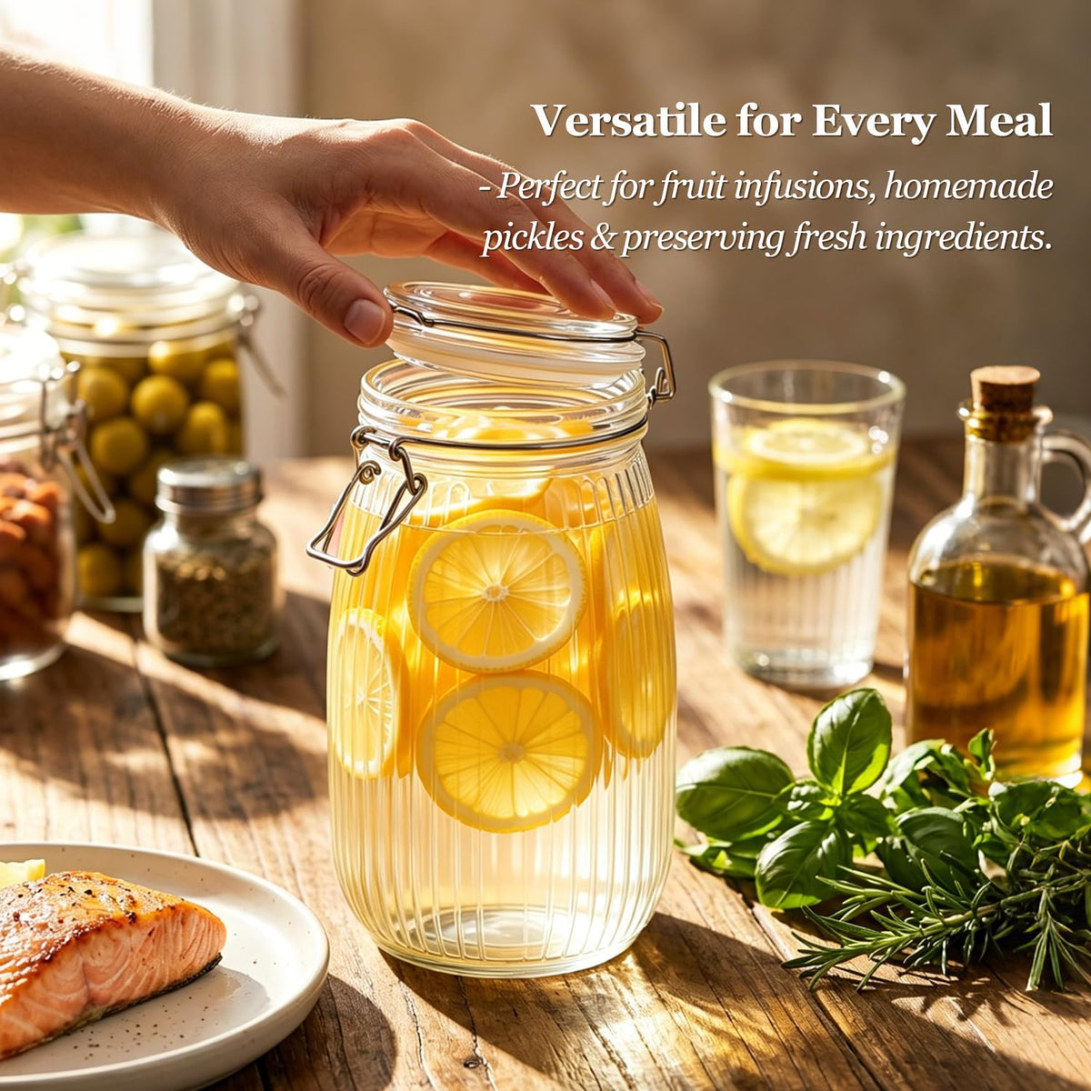 Large Ribbed Glass Jars with Airtight Lids 51 oz 3 Pack Wide Mouth (3 Count)
