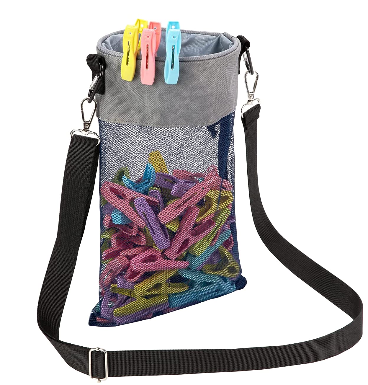 Mesh Clothespin Bag with Hooks Hanging Clothes Pin Bag with Drawstring Closure Clothespin Holder