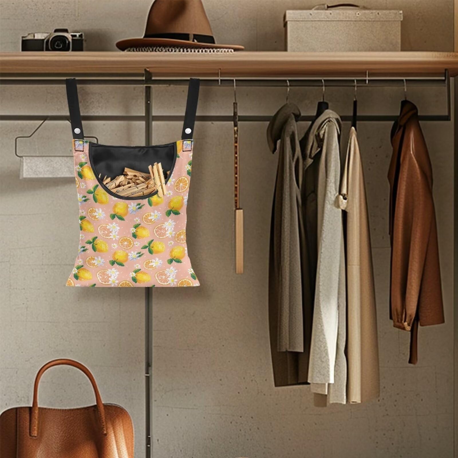 Lemon Print Clothespin Holder with Hanger Hook