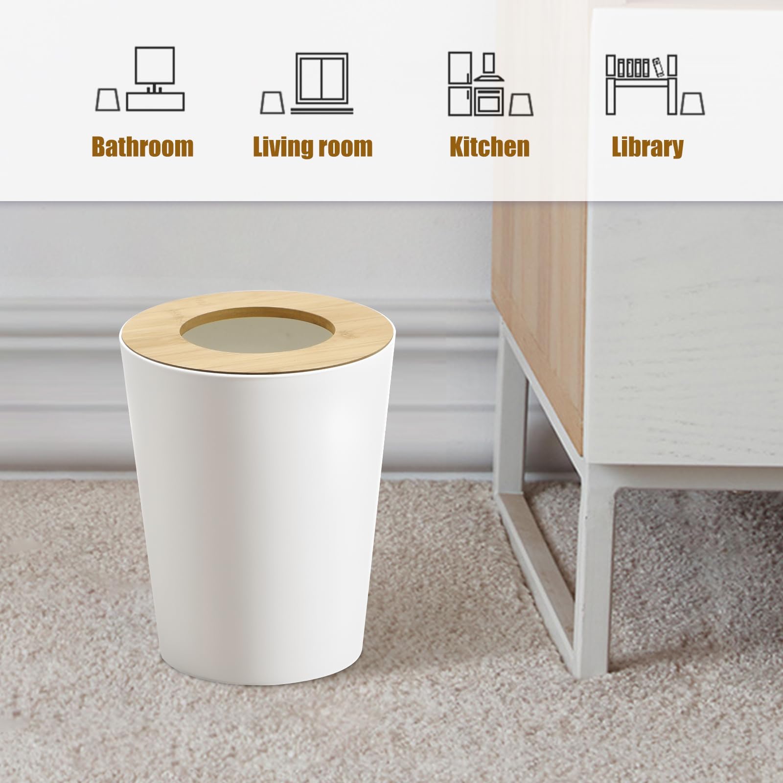 White Trash Can for Bedroom with Bamboo Lid (2 Count)