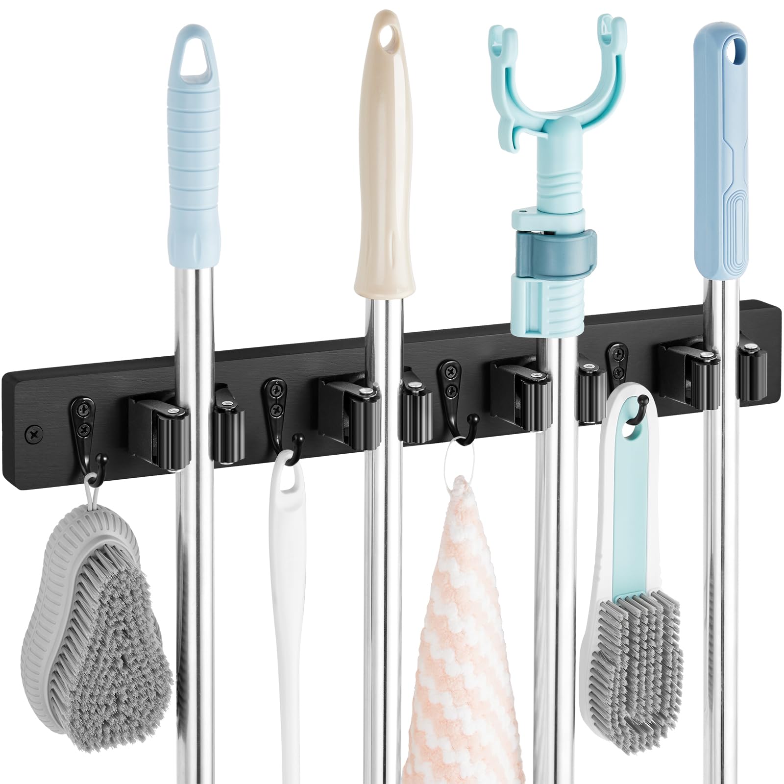 Black Mop Broom Holder Wall Mount with 4 Slots & 4 Hooks