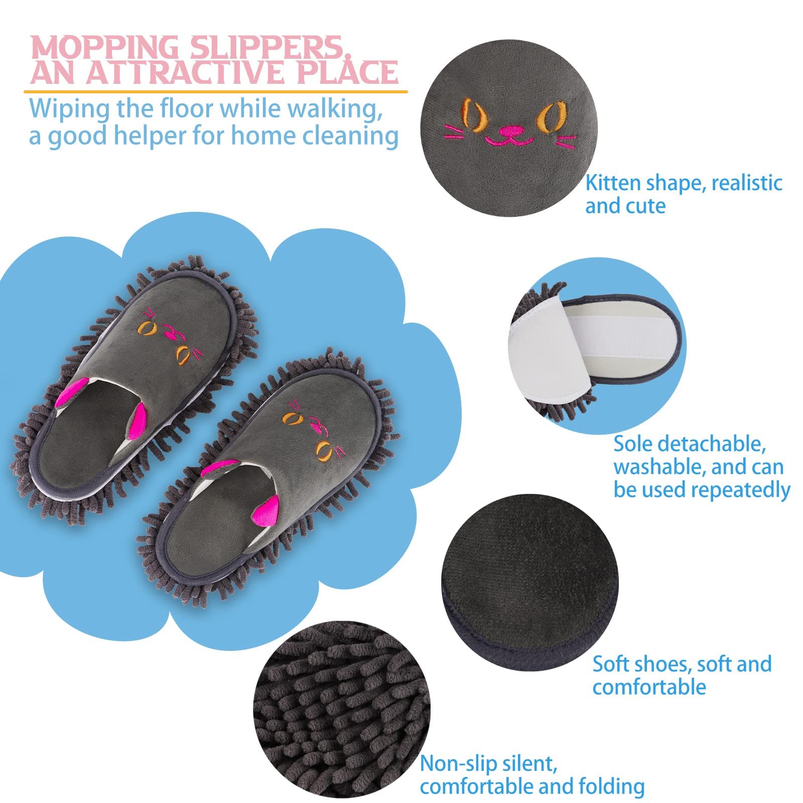 Non slip Microfiber Mop Slippers Floor Dusting for Home Dark Gray