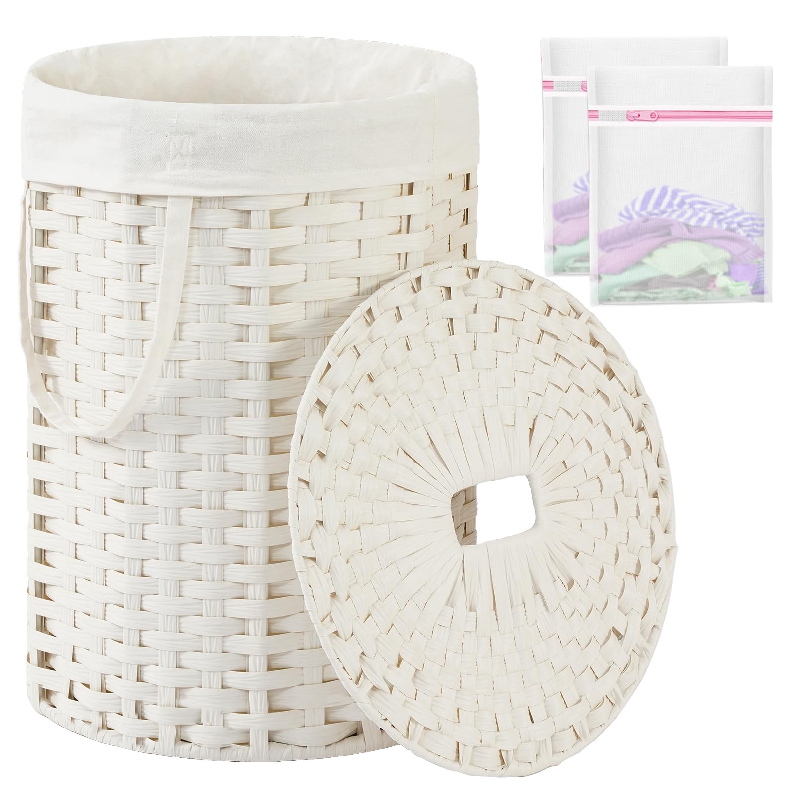Laundry Hamper with Lid Round Laundry Basket 23.8 Gal White
