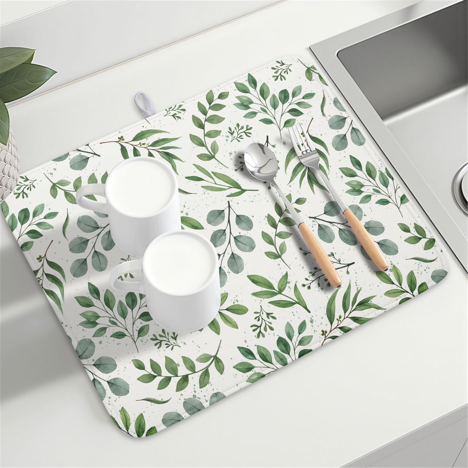 Sage Green Dish Drying Mat 18x24 In Absorbent Reversible Eucalyptus Leaves Plant Drying Mat Green Plant Dish Drying Rack Mat Spring Summer Themed Dish Drainer Mat for Kitchen Counter Coffee Bar