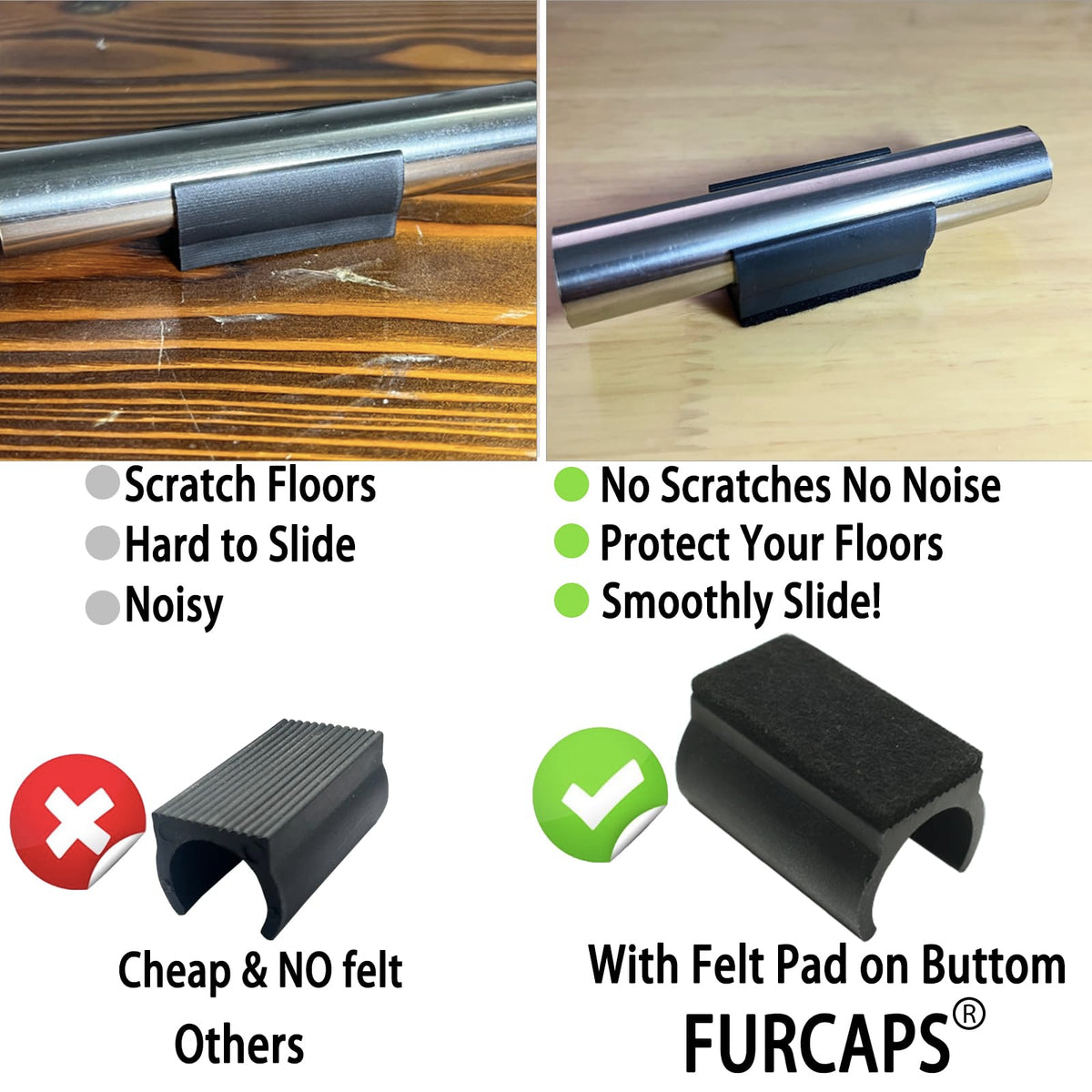 Rectangle U Shaped Sled Chair Leg Tips Cap with Felt Pads (8 Count)