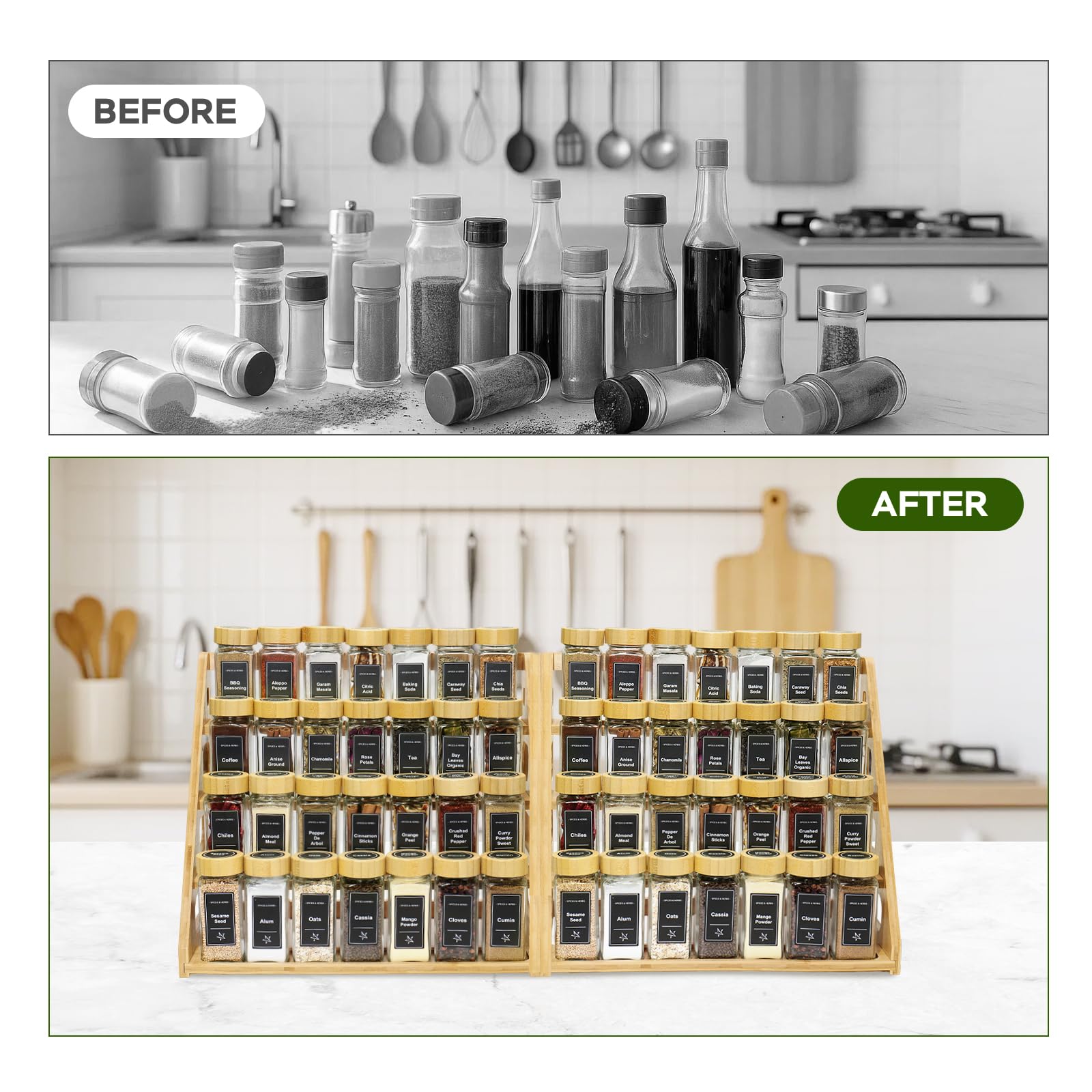 4Tier Bamboo Spice Rack Organizer with 28 Glass Spice Jars Empty 4 oz Jars