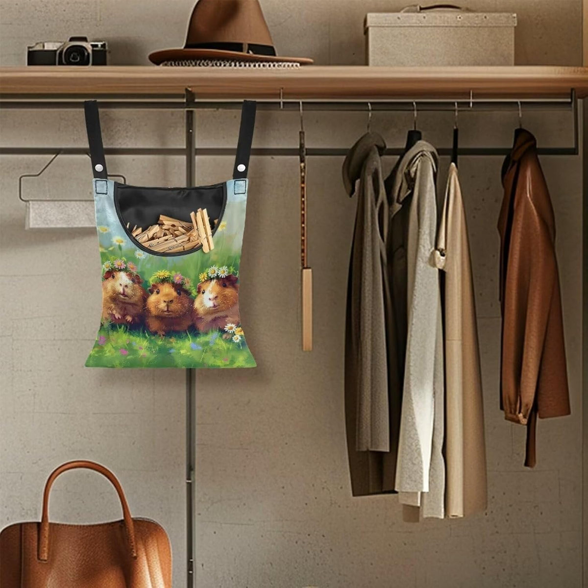 Guinea Pig Clothespin Bag Space-Saving Laundry Hanging Storage Organizer Clothes Pin Hanging Bag with Rope Holds 100 Clothes Pins for Clothesline Outdoor Portable Clothespin Storage
