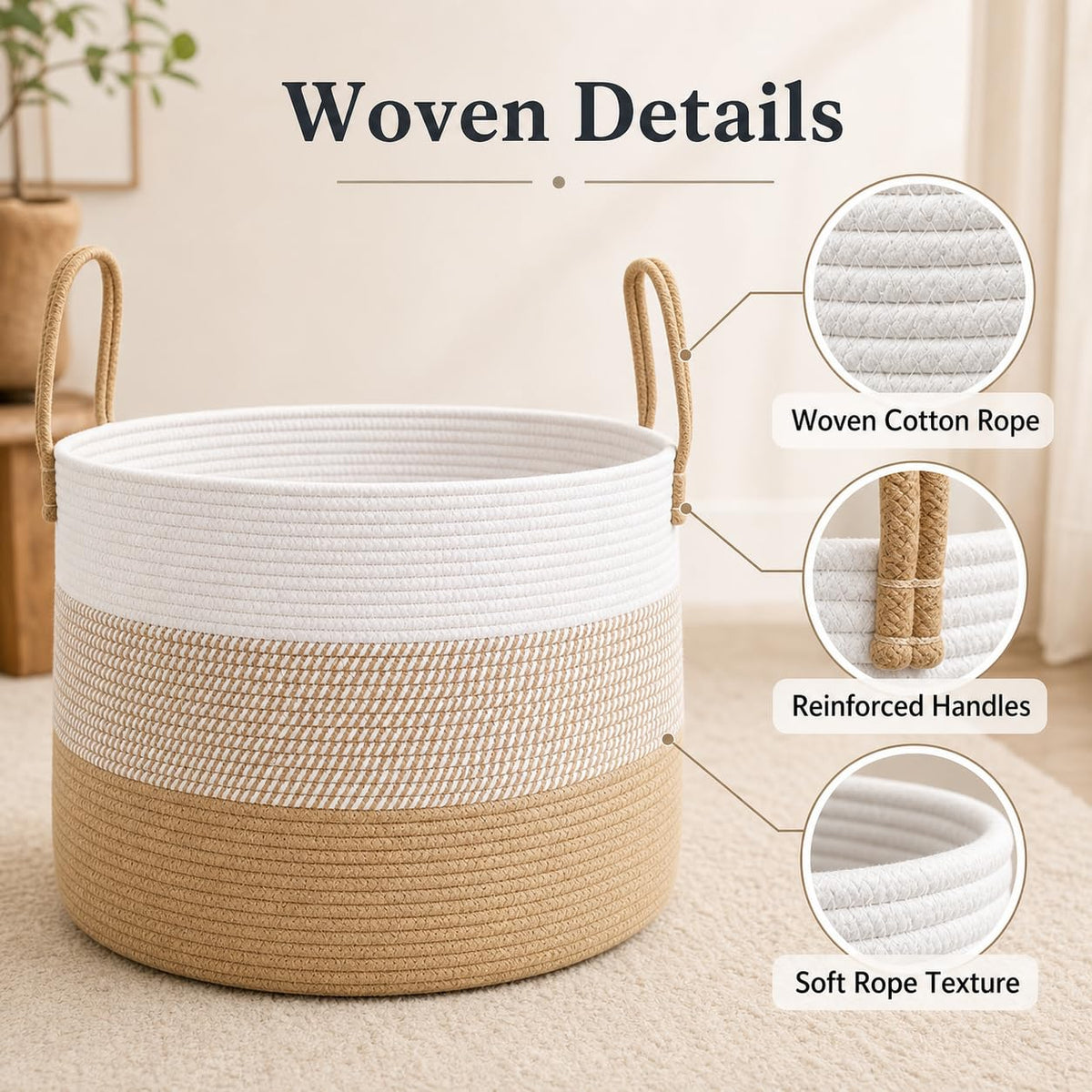 65L Extra Large Machine Washable Cotton Rope Blanket Basket