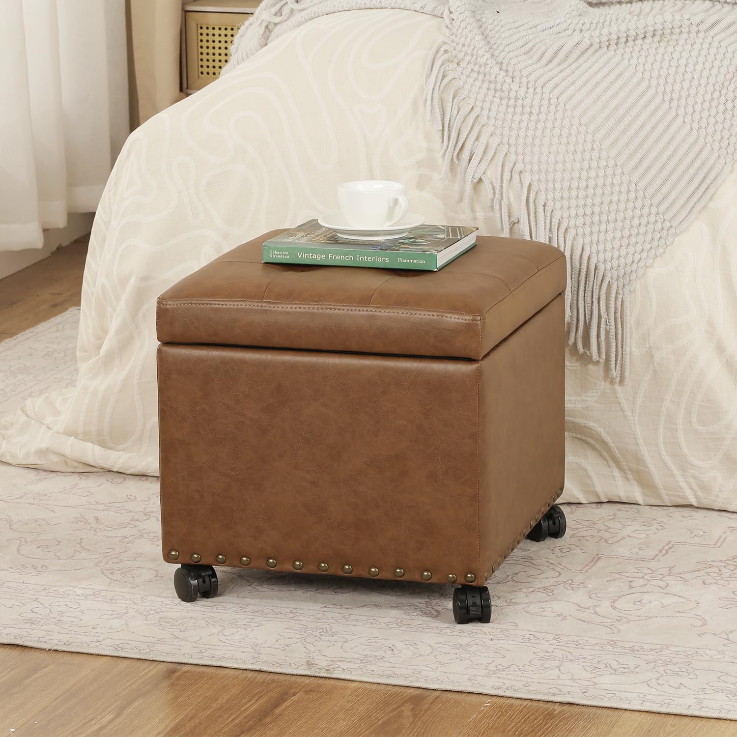 16.7" H Vintage Golden Brown Leather Storage Ottoman with 360 Caster Wheels